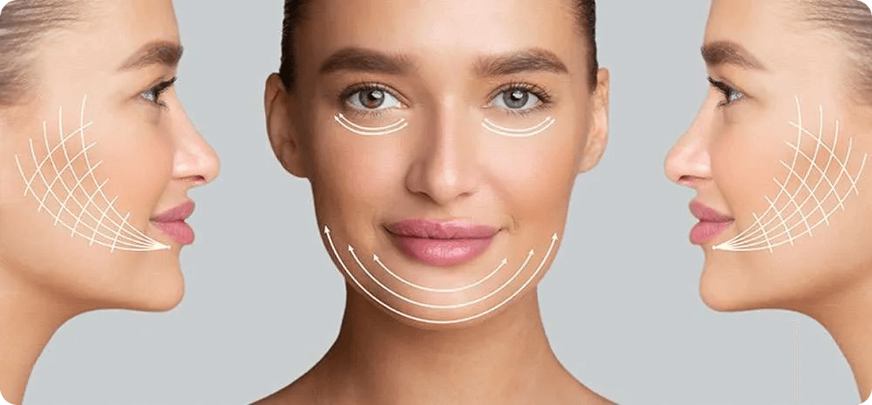 Anti-aging facial treatment visualization showing skin lifting and tightening effects